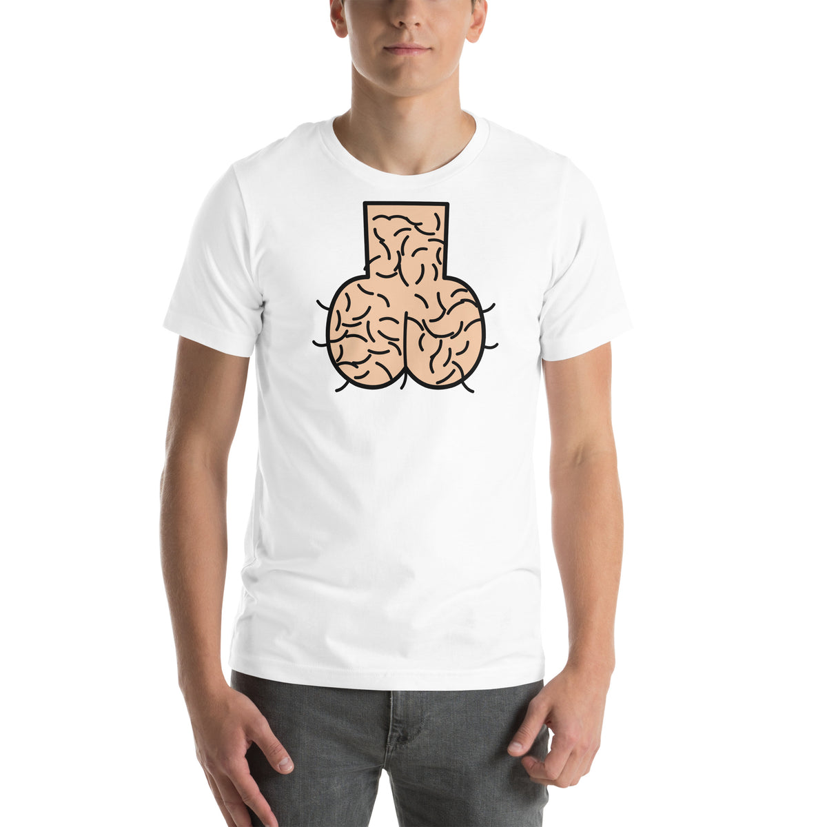 Vit t-shirt med en tecknad hårig pung på bröstet